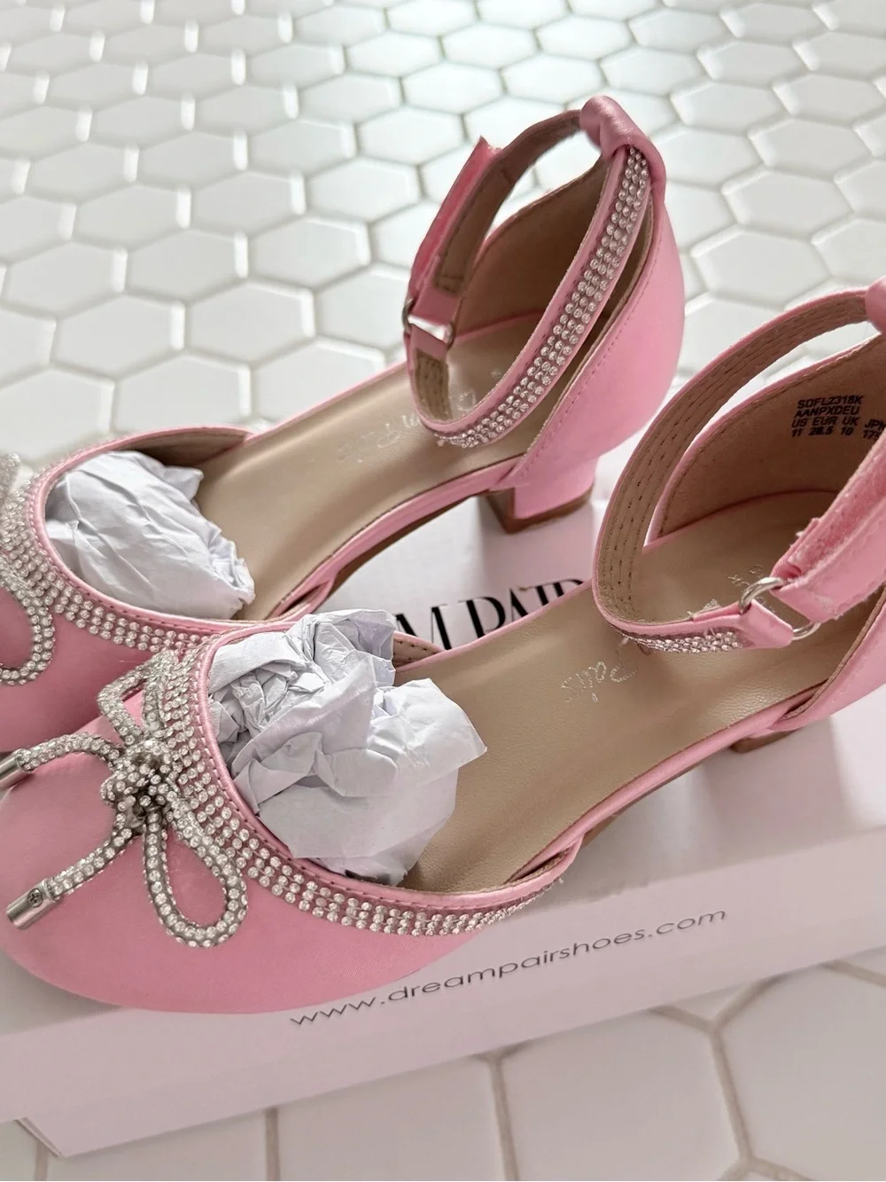 Girls' Pink Ankle-Strap Dreamy Dress Flats with Bow and Rhinestones